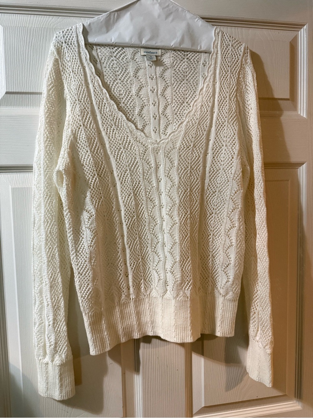 Sundance Meadow Mornings Sweater M Ivory Cotton Linen Pointelle Crochet NWOT - Picture 2 of 7